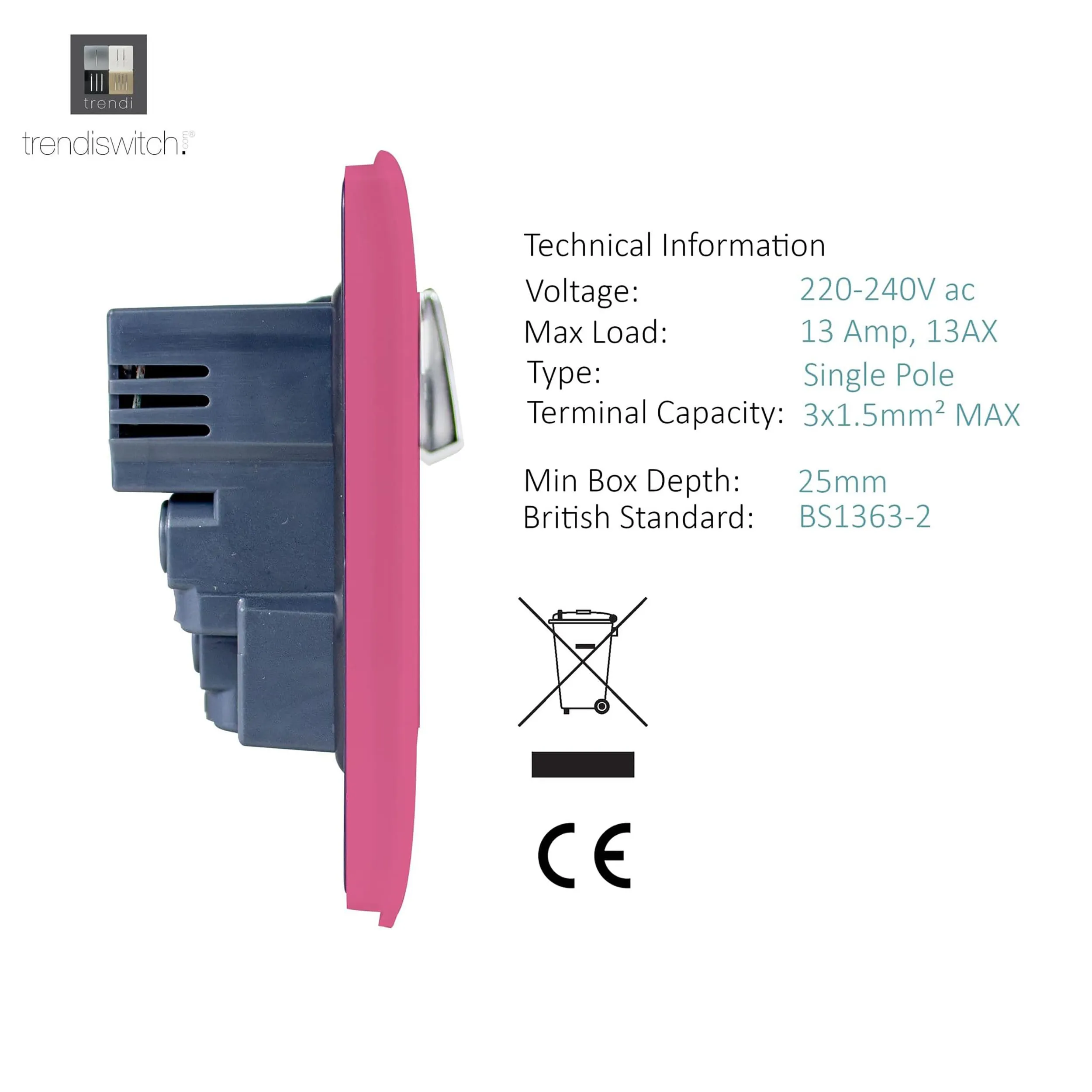 1 Gang 13Amp Switched Single Socket With 2 x USB Pink ART-SKT13USBPK  Trendi Pink